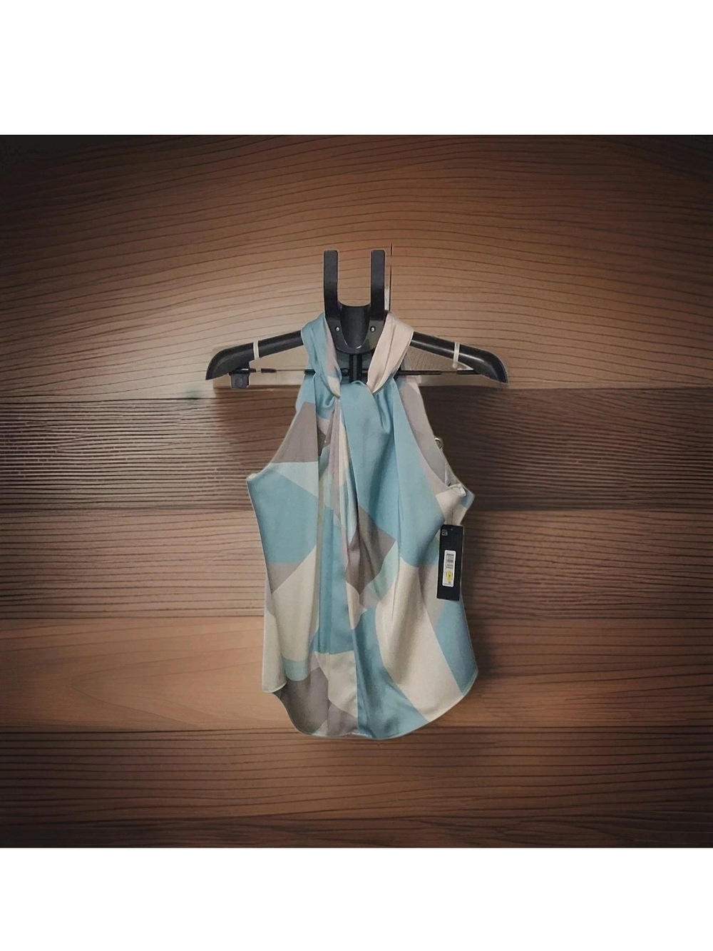Sleeveless Halter Neck Geo-Print Top in Blue and Cream